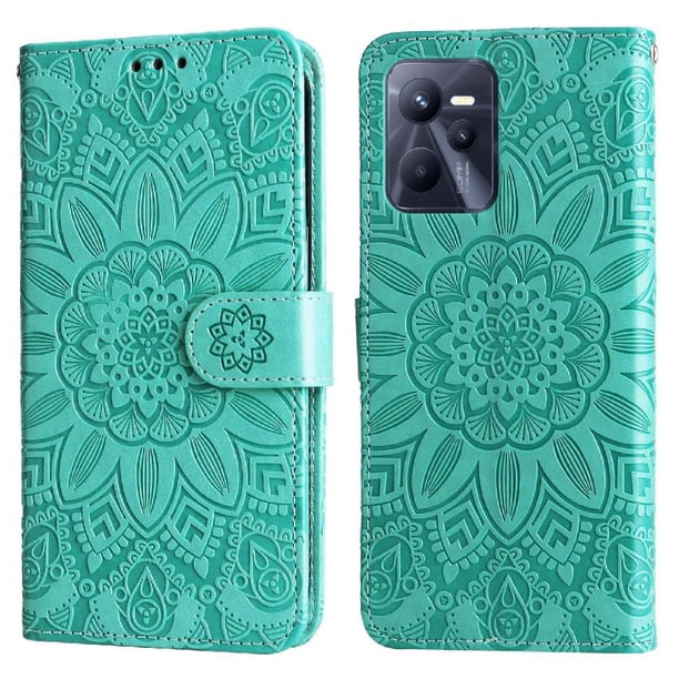 Funda tipo cartera FOXDOCK para Realme C35 4G , diseño girasol en relieve, cuero PU, cierre magnético, soporte y tarjetero