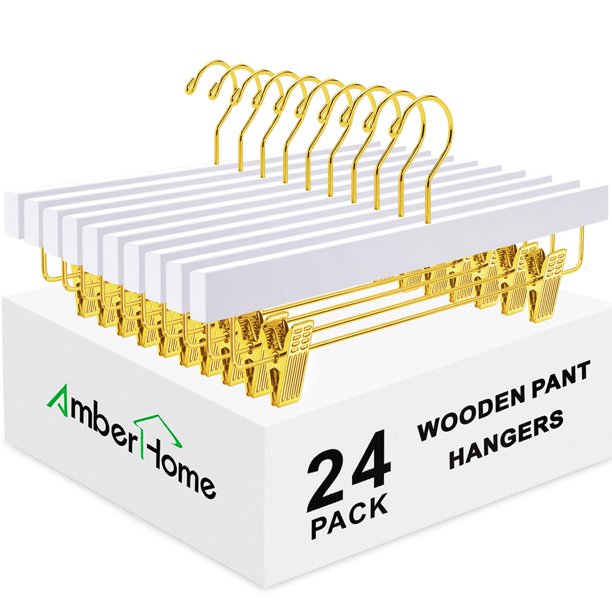 Perchas para pantalones, faldas, color ámbar, madera blanca, con clips dorados, 24 unidades