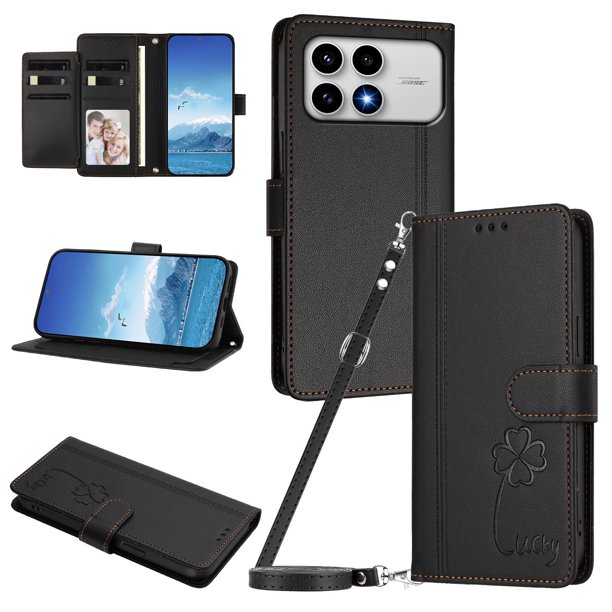 Funda Cartera Trébol para Xiaomi Poco F8 Pro con Ranuras Tarjetas y Carga Inalámbrica Negro