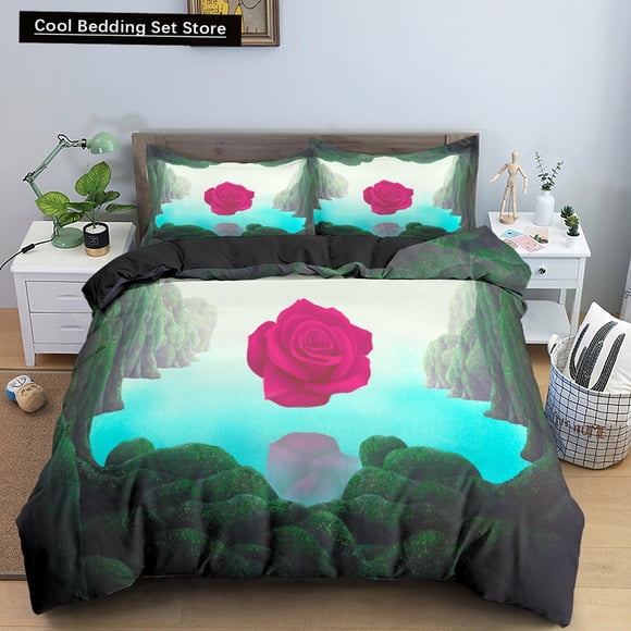 Floral Bedding Set Rose Surreal Scene Concept Artwork Duvet Cover Size Colorful Flowers Green Soft Comforter Cover Bed Sheets