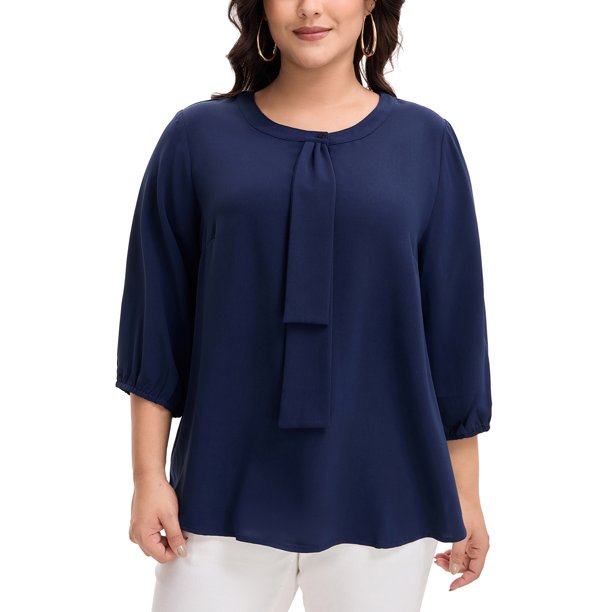 Agnes Orinda Blusa de Chifón con Volantes y Cuello Redondo para Mujer de Talla Grande para Escuela, Universidad, Trabajo y Oficina L Azul Marino