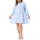 thumbnail image 1 of Agnes Orinda Vestido de Camisa a Cuadros con Volantes para Mujer de Talla Grande, Cuello en V, Botones, Manga Abullonada 3/4, Vacaciones, Casual, Babydoll, 3X Azul Claro, 1 of 6