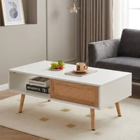 M&Ms - 41.34"" Rattan Coffee Table, Sliding Door For Storage, Solid Wood Legs, Modern Table For Living Room ,White