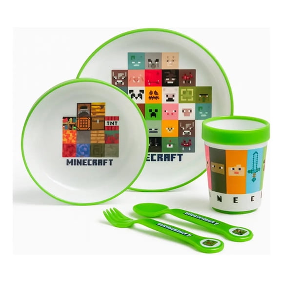 Set Vajilla Infantil Minecraft 5 Pcs Plato Vaso Cubiertos