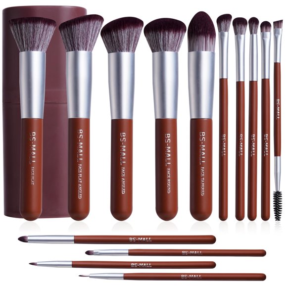 Set de 14 brochas de maquillaje BS-MALL con estuche marrón