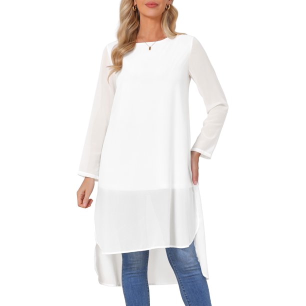 INSPIRE CHIC Blusas de Mujer con Cuello Redondo de Chifón, Camisas Asimétricas Sueltas de Manga Larga con Abertura Lateral, Tallas M, Color Blanco