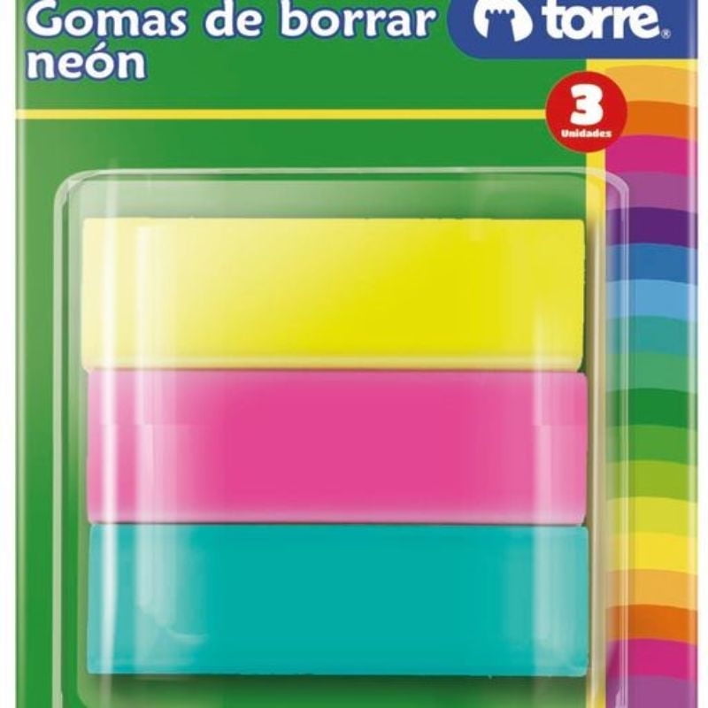 Set Gomas De Borrar Colores Neón 3 Unidades Torre