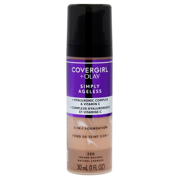 CoverGirl Base de Maquillaje 3 en 1 CoverGirl Plus Olay Simply Ageless - 220 Cremoso Natural para Mujeres - Base de Maquillaje de 1 oz