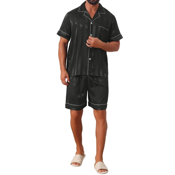 INSPIRE CHIC Conjunto de Pijama de Satén para Hombre de Manga Corta con Botones a Rayas Ropa de Dormir Sedosa Conjunto de Pantalones Cortos XL Negro