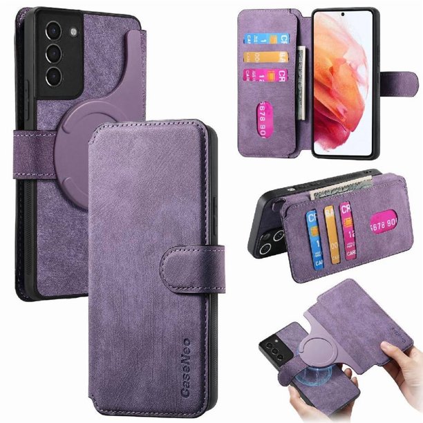 Funda Billetera Magnética para Samsung Galaxy S21 Soporte Tarjetas Desmontable Morado