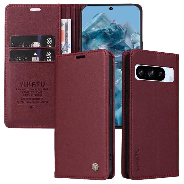 Funda Billetera de Cuero para Google Pixel 8 Pro con Tarjetero y Soporte - Tapa Magnética Rojo