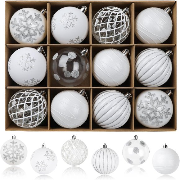 Bolas de Navidad SHareconn 80 mm 12 piezas – Juego Blanco y Plateado