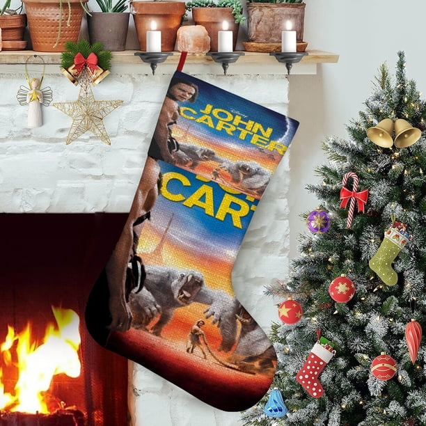 JOHN CARTER Tema: Calcetines de Navidad, fino lino blanco para colgar en escaleras y chimenea, decoración navideña para el hogar, regalo de Navidad. 45cm × 32cm
