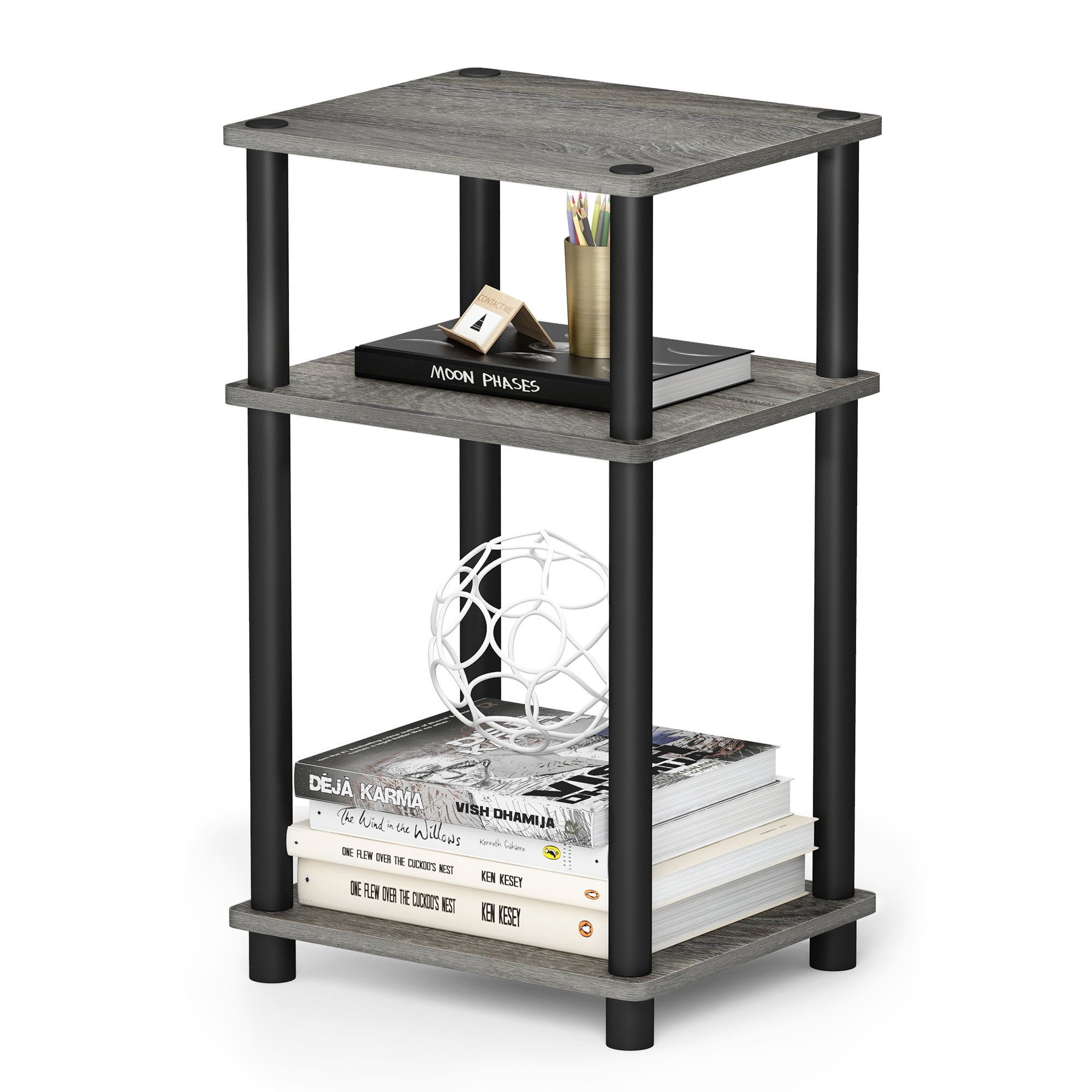 Mesa Auxiliar Furinno Just De 3 Niveles, Tubo Torneado, Roble Francés, Gris