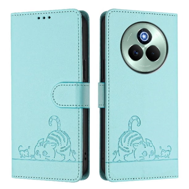Funda tipo cartera FOXDOCK para Realme P3 Pro 5G con soporte, ranuras, RFID, diseño de gato