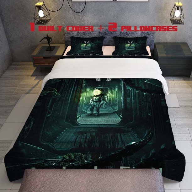 3pcs Alien Sci Fi Horror Themed Printed Bedding Set Soft Duvet Cover and Two Pillowcases