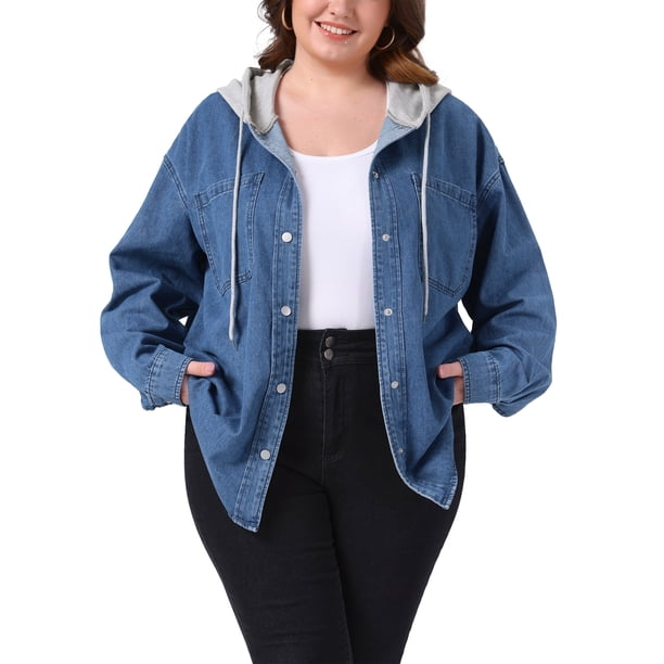Chaqueta de Camisa de Mezclilla con Capucha de Bloque de Color para Mujer de Talla Grande de Agnes Orinda, Botonadura Frontal, Manga Larga, Camisa de Jeans con Bolsillos 2X Azul