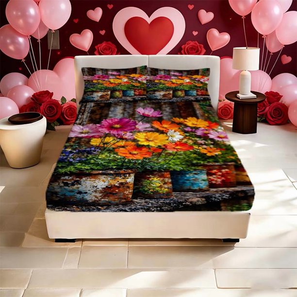 Wildflower Old Container Printed Bed Sheet Bed Sheet Which Is Both Fashionable And Warm And Romantic Can Be Used in All Seasons! Ideal for Family Friends Holida