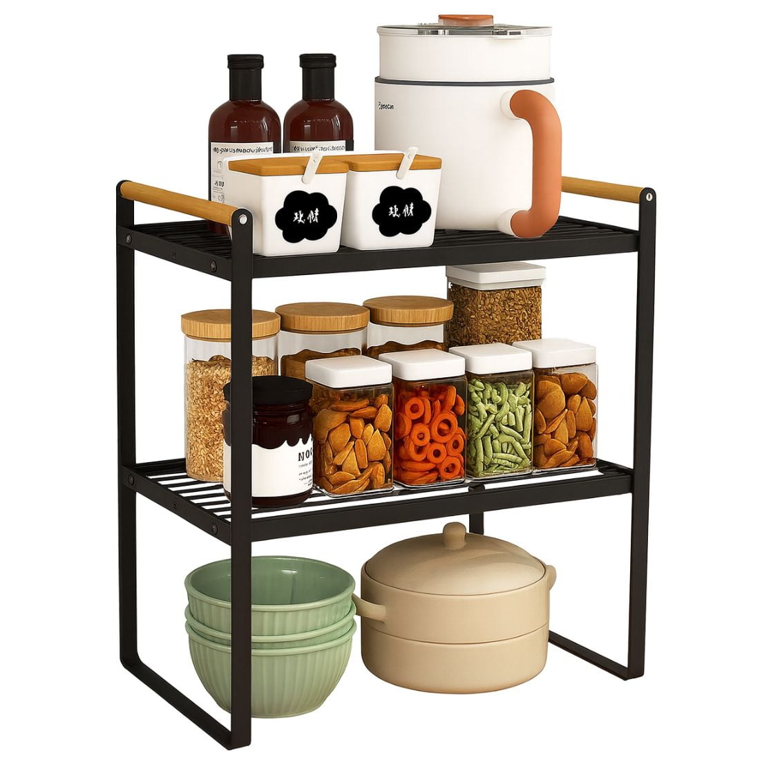 Chic Haus - Repisa Organizadora 2 Niveles De Acero Y Madera Negro 34 Cm – Estante Multiuso Estilo Nórdico