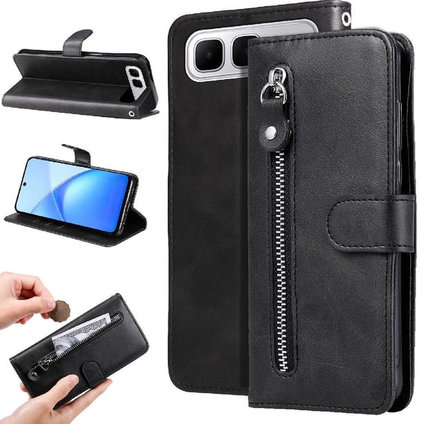 Funda tipo cartera para Infinix Smart10 Plus con bolsillo con cremallera y ranuras para tarjetas – Función de soporte Negro