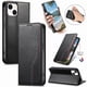 thumbnail image 1 of Funda tipo cartera para iPhone 14 de piel con cierre magnético, ranuras para tarjetas y correa para la muñeca Negro, 1 of 6