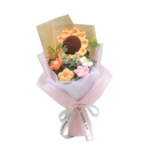 Magideal - Ramo De Novia Bouquet De Flores De Crochet Hecho A Mano Con Girasol Rosa Flor Artificial Tejido Único Adecuado Para Regalo Decoración De Mesa Boda Papel Rosa