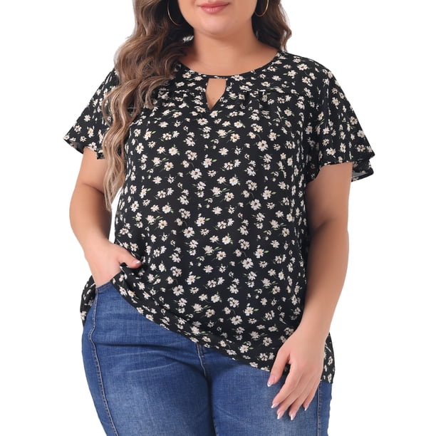 GRACIA Y GRANDEZA Blusas de Chifón con Cuello de Ojal y Mangas Cortas Acampanadas para Mujer de Talla Grande 1X Negro Rosa