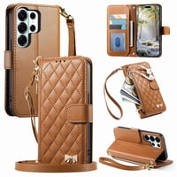 Funda Tipo Cartera Foxdock Para Samsung Galaxy S26 Ultra, Estampado De Diamantes, Correa Larga, Con Ranuras Para Tarjetas, Soporte Y Cremallera - Marrón