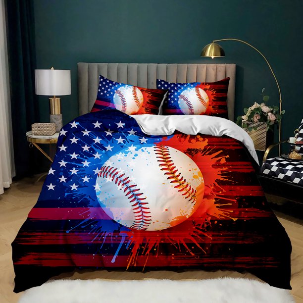 v1657 Bed Sheets Baseball Duvet Cover Set Twin Queen King Size Ball Comforter Cover Sports Theme Bedding Set Kids Boys Teen Polyester Quilt Cover 3-Piece Bedding Set (1 Duvet Cover + 2 Pillow Shams) B