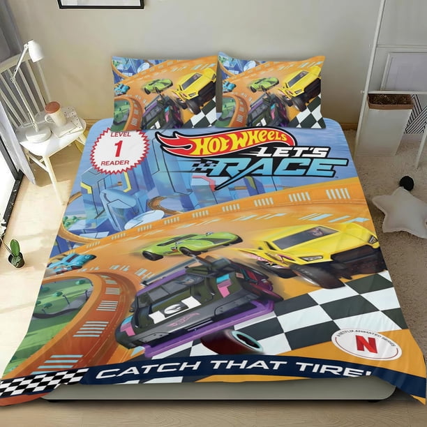Hot Wheels: A Correr Conjunto de sábanas temático, trío de piezas, cómodo y amigable con la piel, diseño único, regalo de decoración para el hogar para familiares, amigos y fans, 90 cm * 190 cm