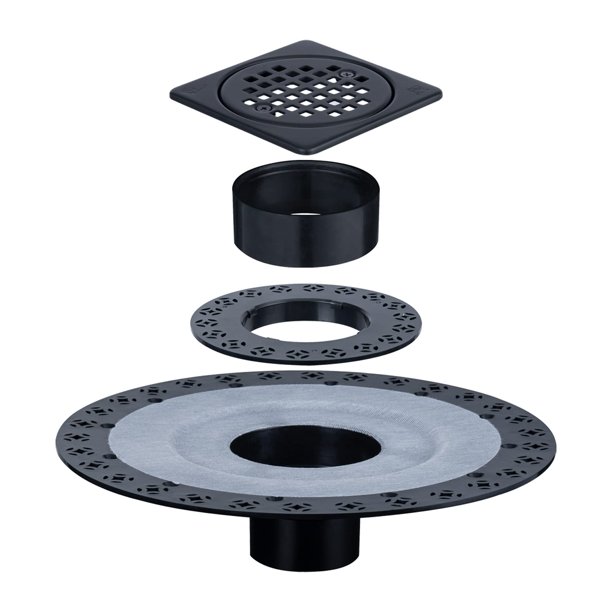 Kit de desagüe para ducha UNI-DRAIN con brida vertical de ABS de 2 pulgadas, rejilla de acero inoxidable de 4", compatible con sistemas de desagüe de ducha Schluter Kerdi, negro mate