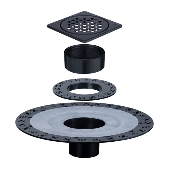 Kit de desagüe para ducha UNI-DRAIN con brida vertical de ABS de 2 pulgadas, rejilla de acero inoxidable de 4", compatible con sistemas de desagüe de ducha Schluter Kerdi, negro mate