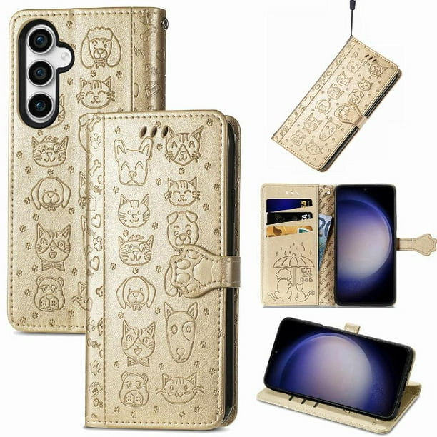 Funda Cartera FOXDOCK para Samsung Galaxy S23FE , Flip PU con Relieve de Gatos y Perros, Tarjetero y Soporte