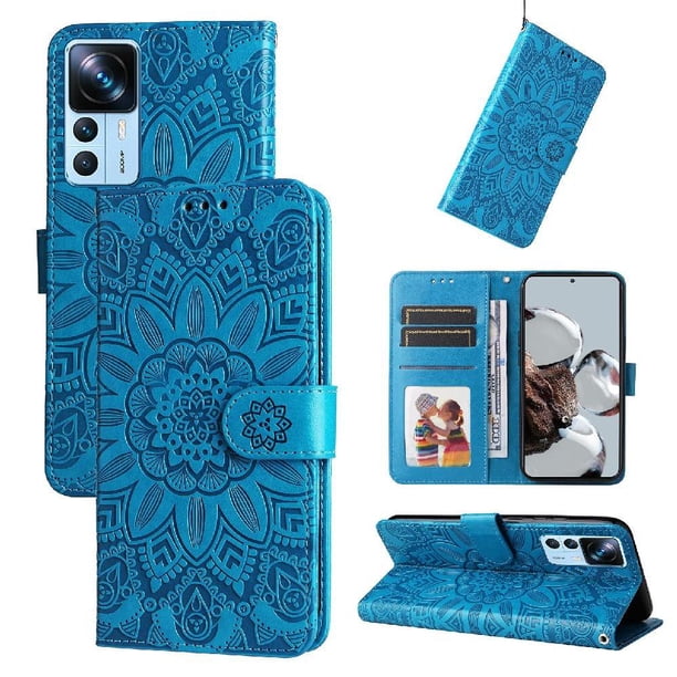 Funda tipo cartera FOXDOCK para Xiaomi 12T , diseño girasol en relieve, cuero PU, cierre magnético, soporte y tarjetero