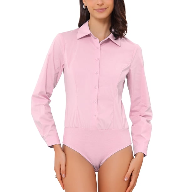 INSPIRE CHIC Camisa de Trabajo para Mujer con Botones, Cuello con Solapa, Manga Larga, Talla S, Rosa