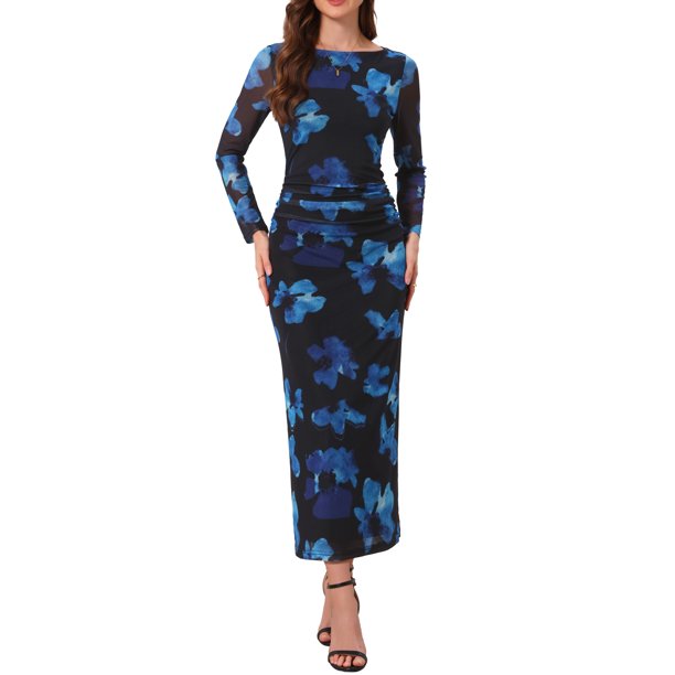 INSPIRE CHIC Vestido ajustado floral de mujer con mangas largas, cuello barco fruncido, vestido de cóctel maxi de malla XL negro