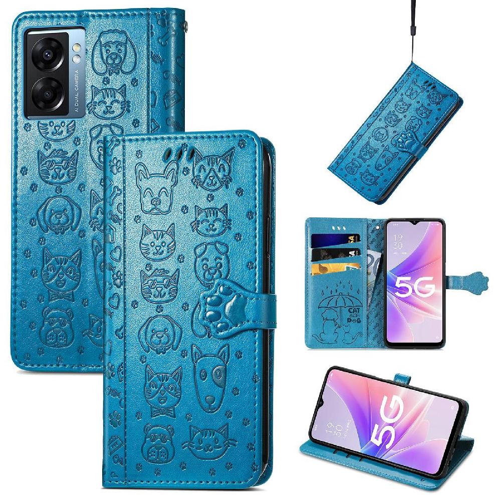 Funda Cartera Foxdock Para Oppo A57 5G , Flip Pu Con Relieve De Gatos Y Perros, Tarjetero Y Soporte