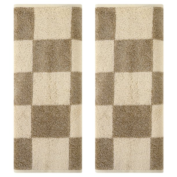 REGALWOVEN Juego de Toallas Decorativas de Mano para Baño a Cuadros 14" x 28", Toallas de Algodón Suaves y Absorbentes para Spa, Baño, Gimnasio, Cocina Cuadros Marrón y Beige 2 Piezas