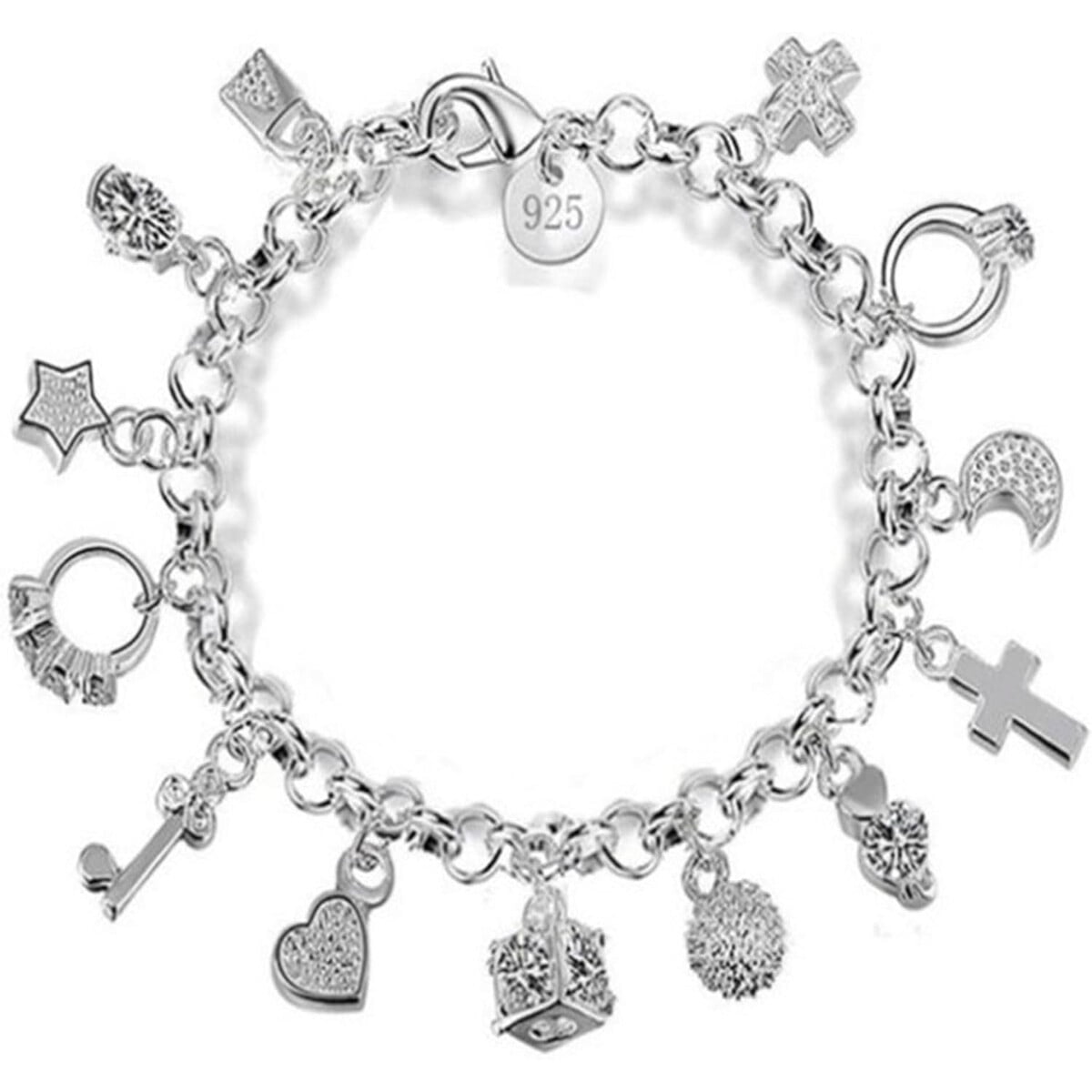 Pulsera De Plata 925 Con Dijes Para Mujer Estilo Eslabón