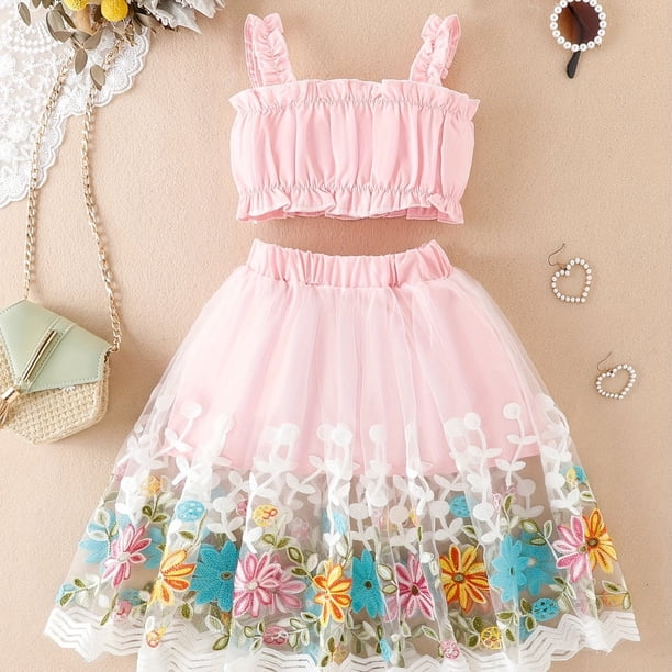 2pcs Baby Girls Camisole Top & Mesh Flower Skirt Set Clothes