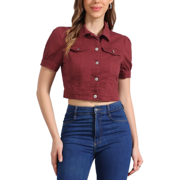 INSPIRE CHIC Chaquetas Casual para Mujer Chaqueta de Mezclilla Recortada con Botones y Mangas Abullonadas Talla S Rojo Vino