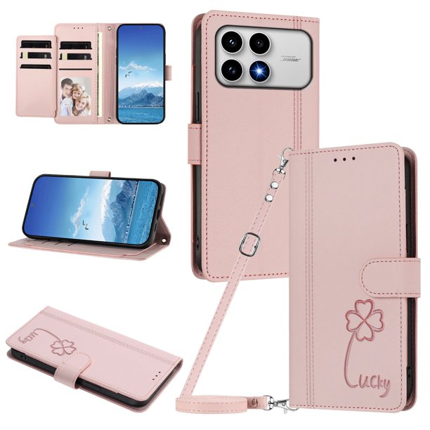 Funda Cartera Trébol para Xiaomi Poco F8 Pro con Ranuras Tarjetas y Carga Inalámbrica Rosa