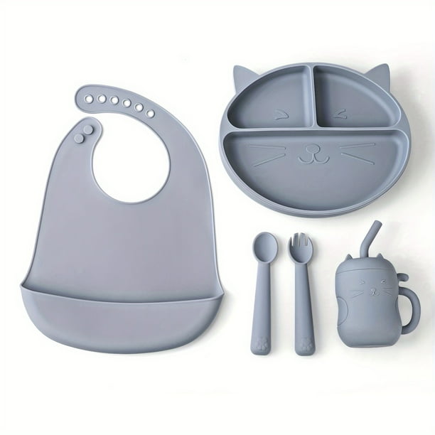 Mother And Baby Supplies, Toddler Plates, Silicone Infant And Toddler Eating Set, Cat Design 3/4/5pcs Set, Baby Silicone Cutlery, Toddler Eating Cutlery, Dividers Under Plates With Suction Cups To Pre