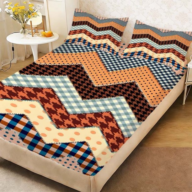 Patchwork Style Pattern Duvet Cover Set - Fitted Sheet And Pillowcase Set Bedding | 1 Fitted Sheet + 2 Pillowcases Without Pillow Inserts | Double/Full Size/Kin