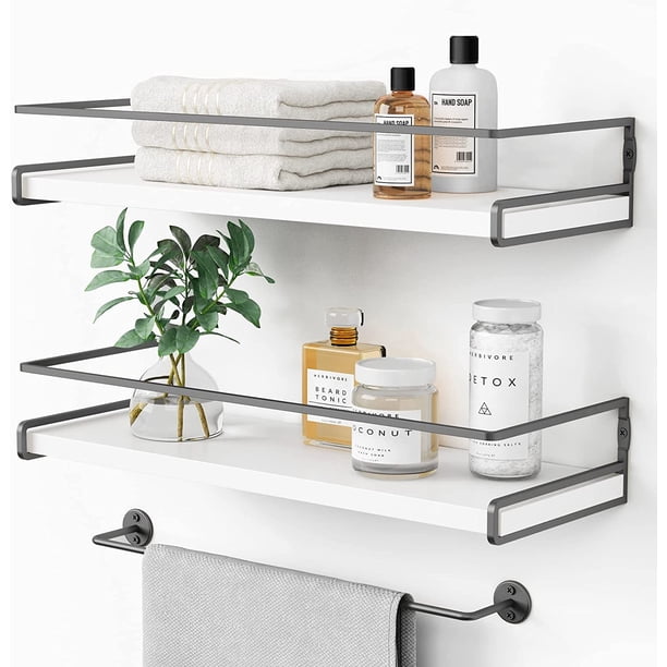 Forbena White Floating Shelves for Bathroom Organizer Over Toilet, Bathroom Shelves Wall Mounted with Towel Rack, Small Corner Wall Shelf for Bedroom Decor Kitchen Storage (White-Grey Set of 2)