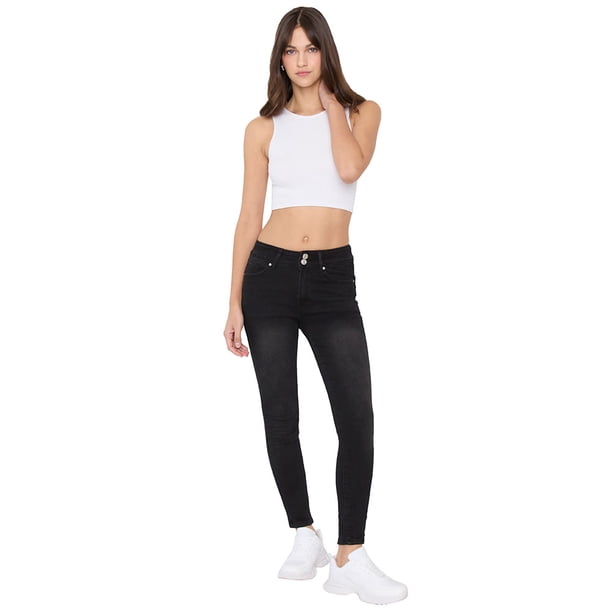 Jeans Mujer 2 Botones Negro High Waist Corona
