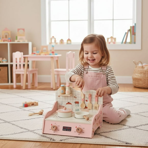 Mini Cocina De Juguete De Madera Con Accesorios Y Portátil
