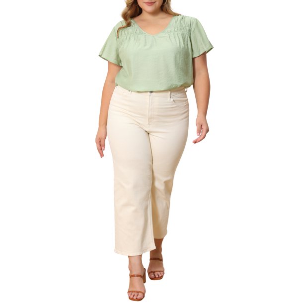GRACE & GRANDEUR Blusa Casual de Verano para Mujer Talla Grande con Textura Jacquard, Hombro Fruncido, Manga con Volantes y Cuello en V, Talla 2X Verde Claro