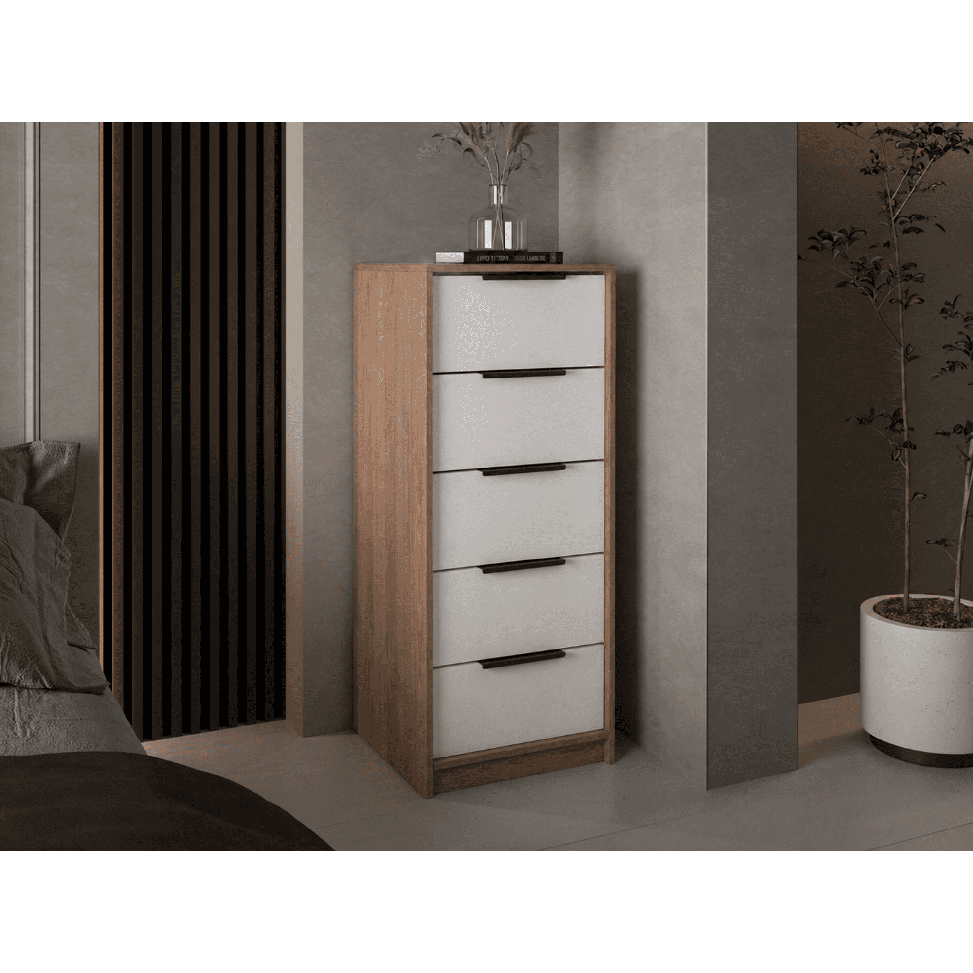 Tuhome - Cómoda Alta Kaia 5 Cajones Miel Y Blanco 107x45x41 Cm - Muebles Organizadores