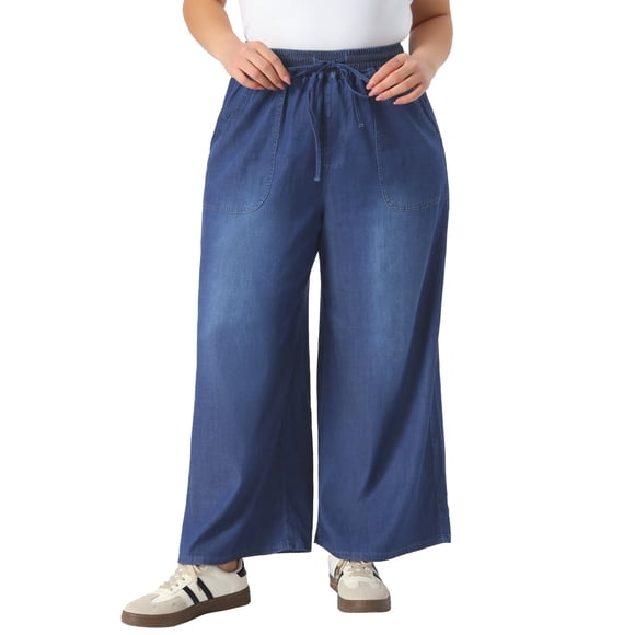 Agnes Orinda Jeans de Talla Grande para Mujer con Cintura Elástica y Cordón, Pantalones de Mezclilla Casuales de Pierna Ancha Chambray Palazzo con Bolsillos 4X Azul Oscuro